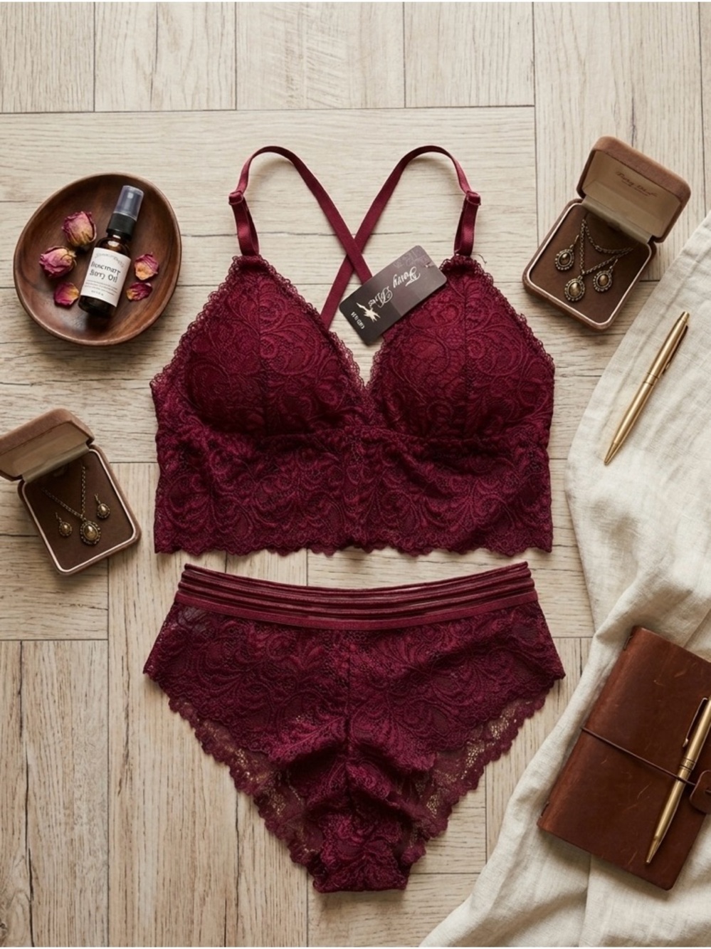 Lace Longline Bralette & Lace Briefs - Burgundy
